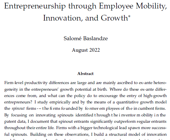 <p><a href="https://www.dropbox.com/s/uvms8ri8ti8x6mh/WP%20N3%20Baslandze_spinouts.pdf?dl=0">Entrepreneurship through Employee Mobility, Innovation, and Growth</a></p>